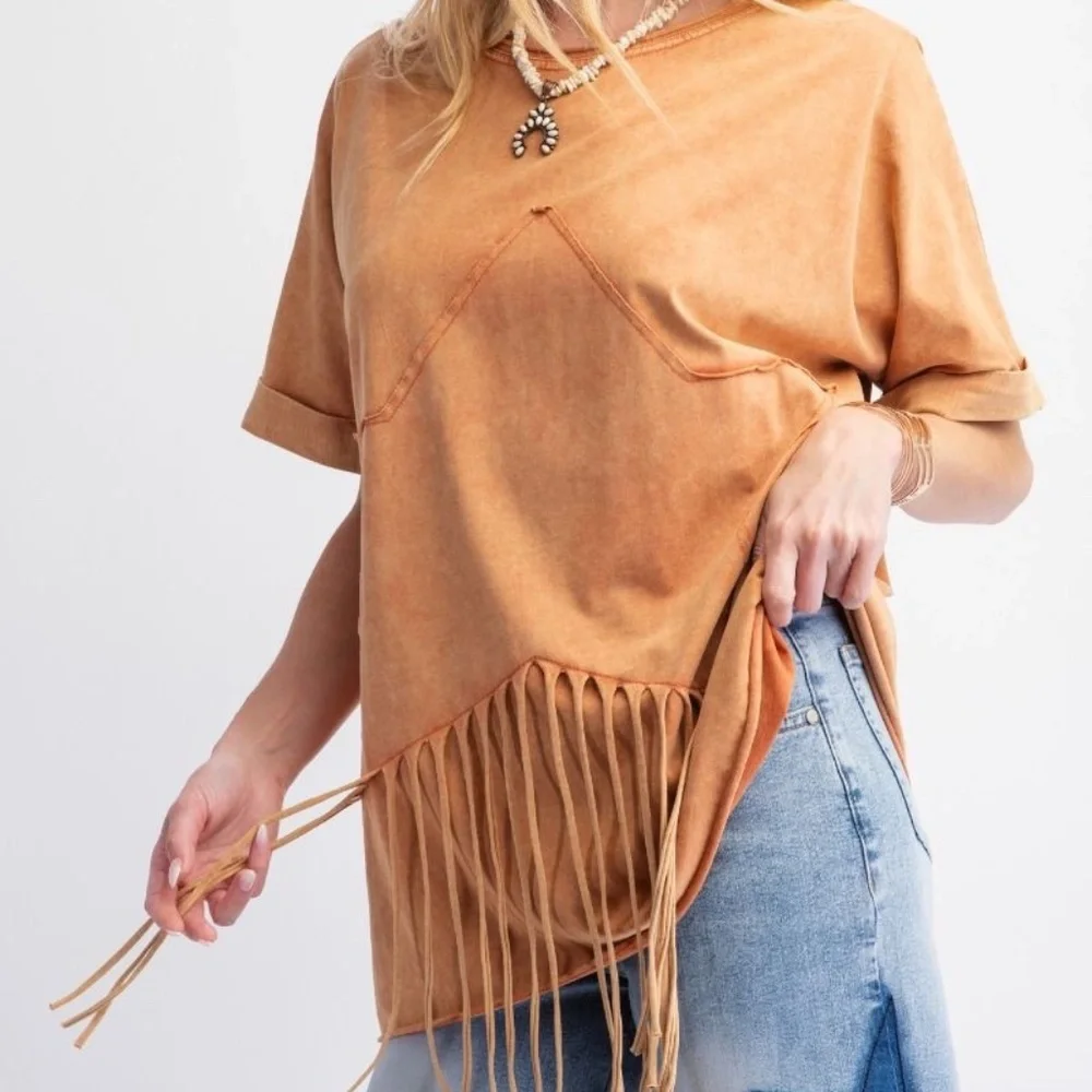 New Easel Star Fringed Cotton Tee Pullover Mineral Wash Cotton Shirt Top PUMKIN - Picture 8 of 8